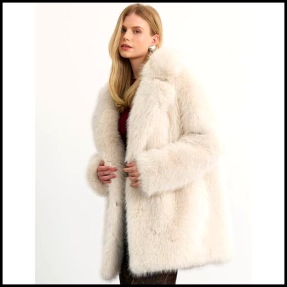 Long Faux Fur Coat Elegant Winter Jacket Fluffy Lapel Fuzzy Cozy Chic - Picture 4 of 6